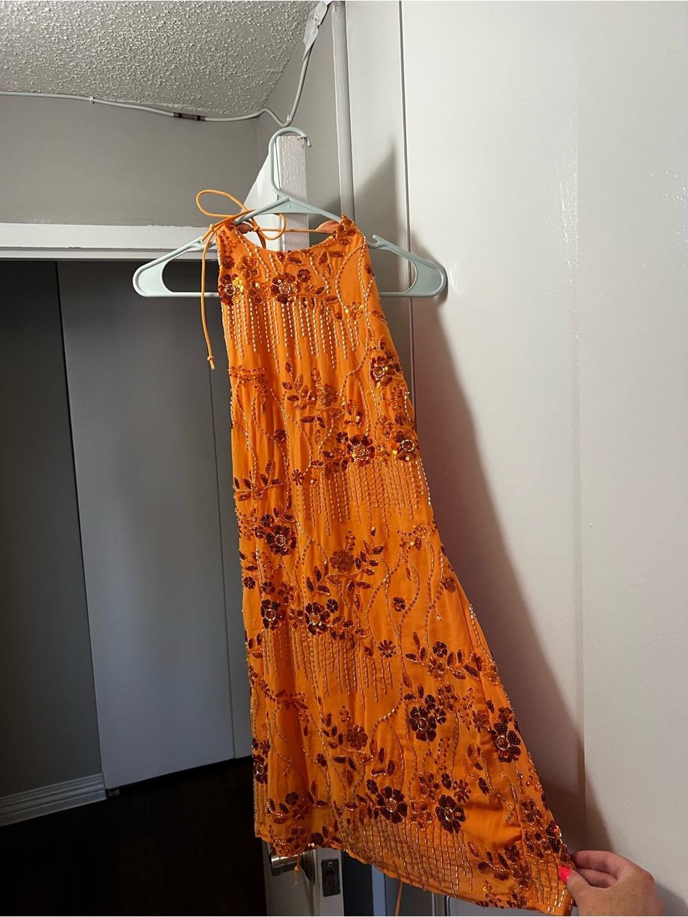 Orange Beaded Halter Mini Dress